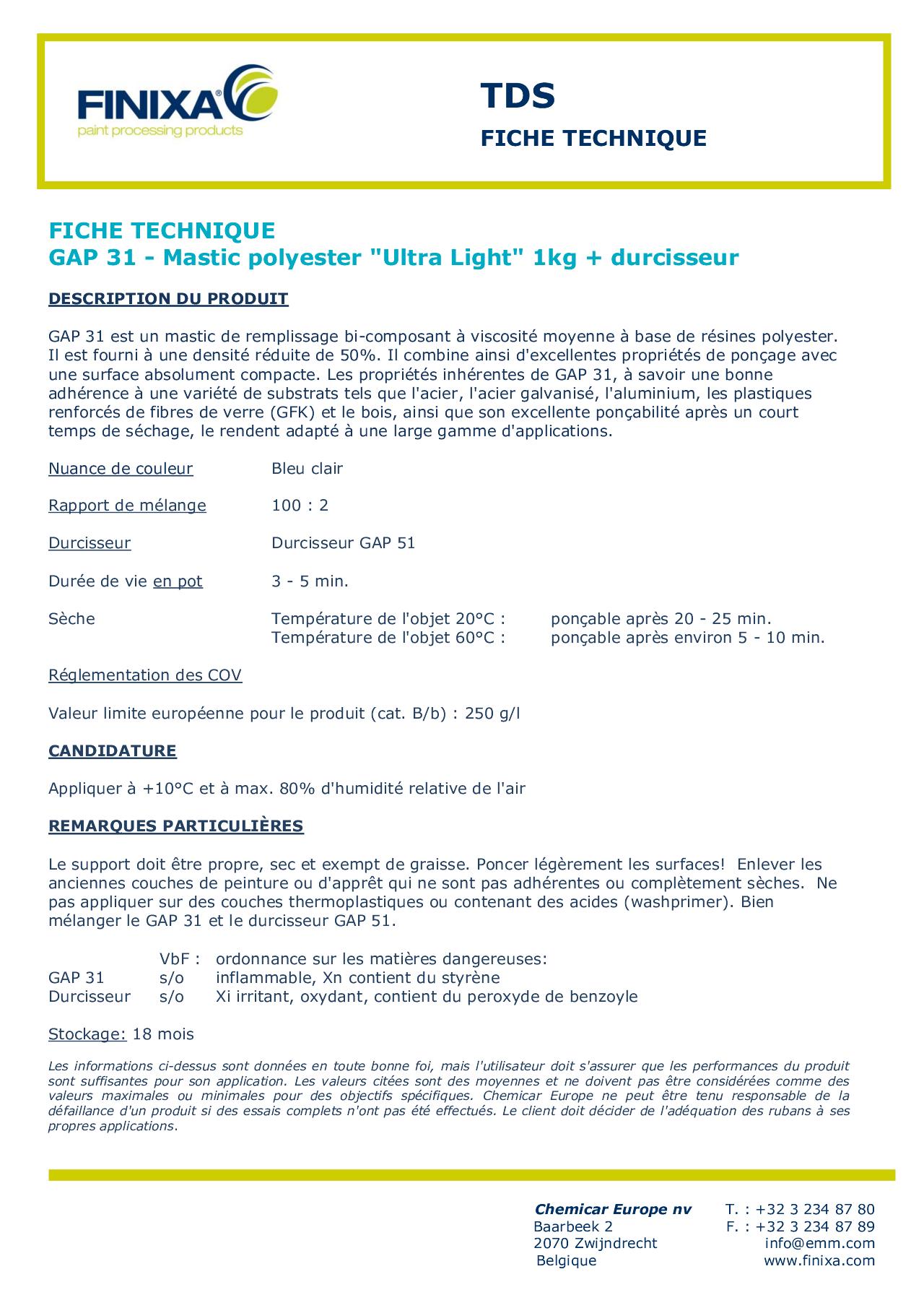 GAP 31 - Mastic polyester UL Azure 1kg + durcisseur - ultra léger
